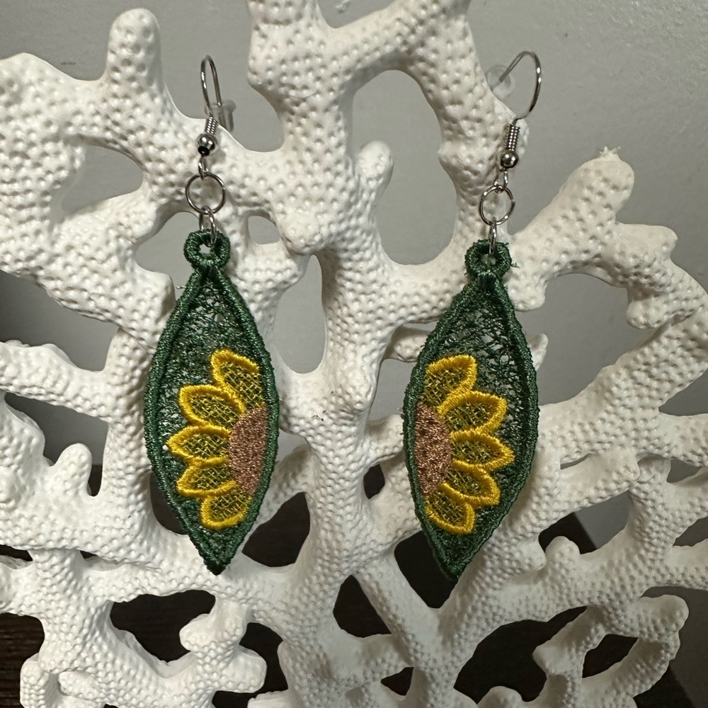Handcrafted Green and Yellow Sunflower Embroidered Free Standing Lace Earrings